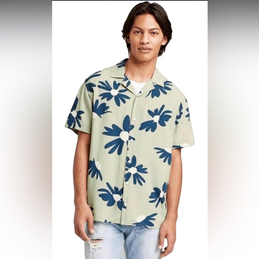 Original Use Mens Green Floral Short Sleeve Button-Down Shirt Size M